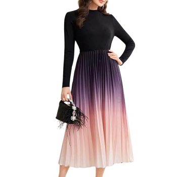 Dress for Women || Women??s Ombre Pleated Maxi Dress || Elegant Long Sleeve Gradient A?Line Gown for Parties & Casual Outings