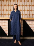 Zareenah Supima Cotton Navy Long Shirt Co-ord Set