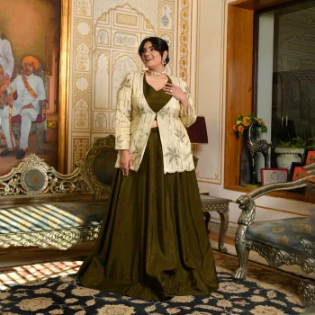 Moss Whimsy - Mehendi Green Lehenga Set with Embroidered Jacket