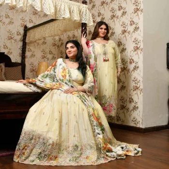 Teri Deewani- Ivory & Gold Pure Cosmos Tissue Silk Cutdana Embroidered Suit Set