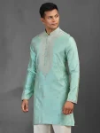 Light aqua art silk kurta suit for traditional celebration